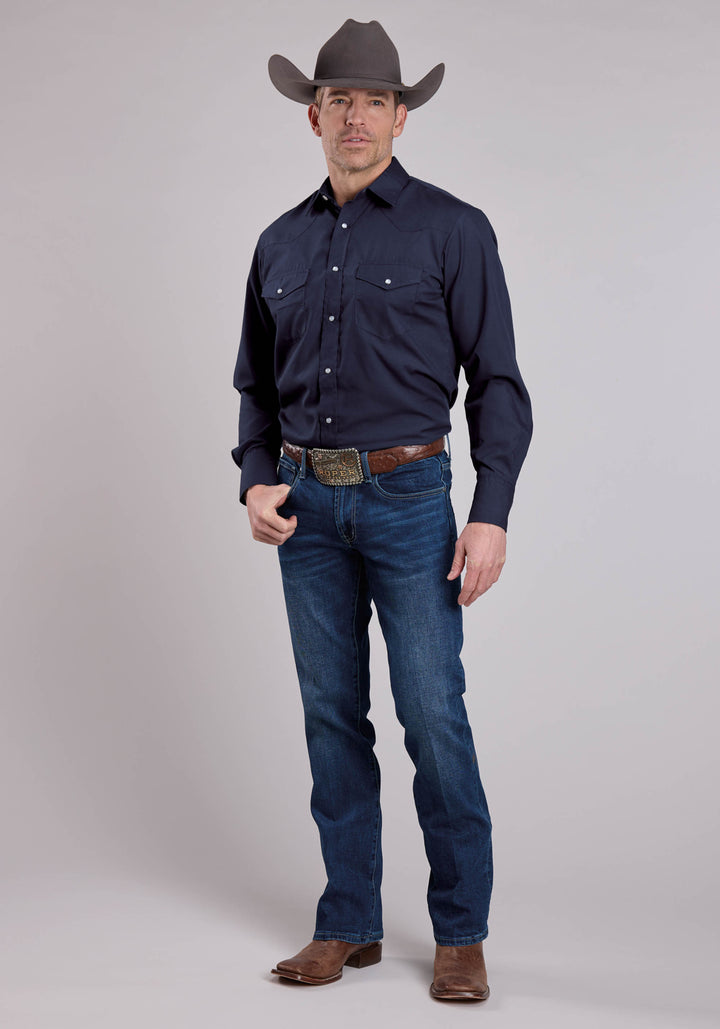 MENS LONG SLEEVE SNAP SOLID BROADCLOTH - DEEP NAVY WESTERN SHIRT