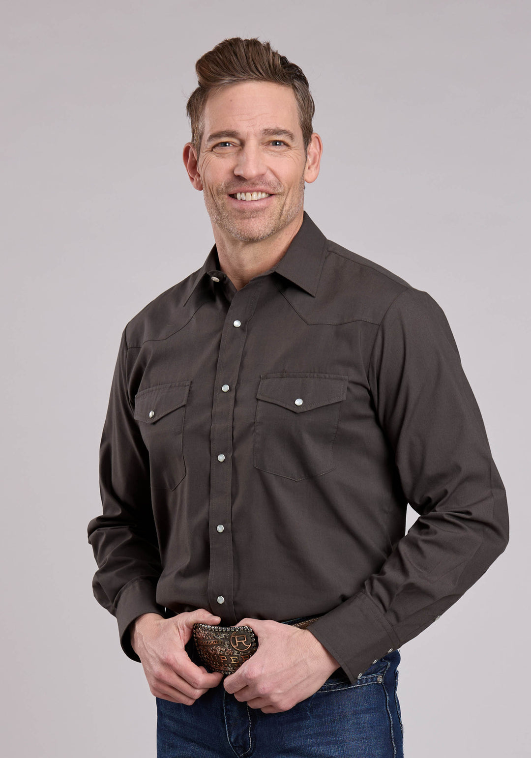 MENS LONG SLEEVE SNAP SOLID BROADCLOTH - CHOCOLATE WESTERN SHIRT