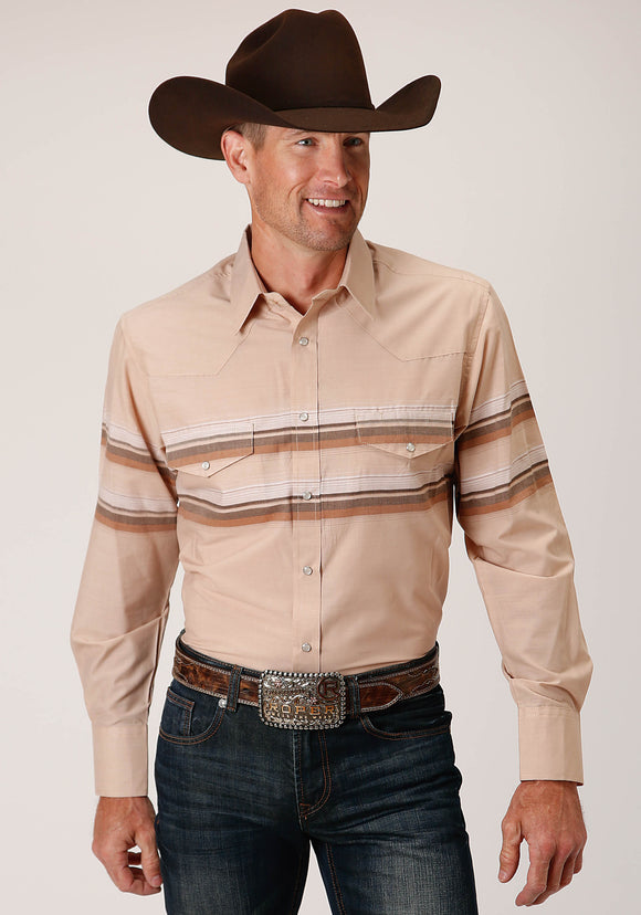 MENS LONG SLEEVE SNAP TAN AND BROWN BORDER STRIPE WESTERN SHIRT