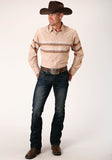 MENS LONG SLEEVE SNAP TAN AND BROWN BORDER STRIPE WESTERN SHIRT