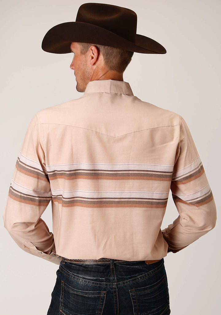 MENS LONG SLEEVE SNAP TAN AND BROWN BORDER STRIPE WESTERN SHIRT