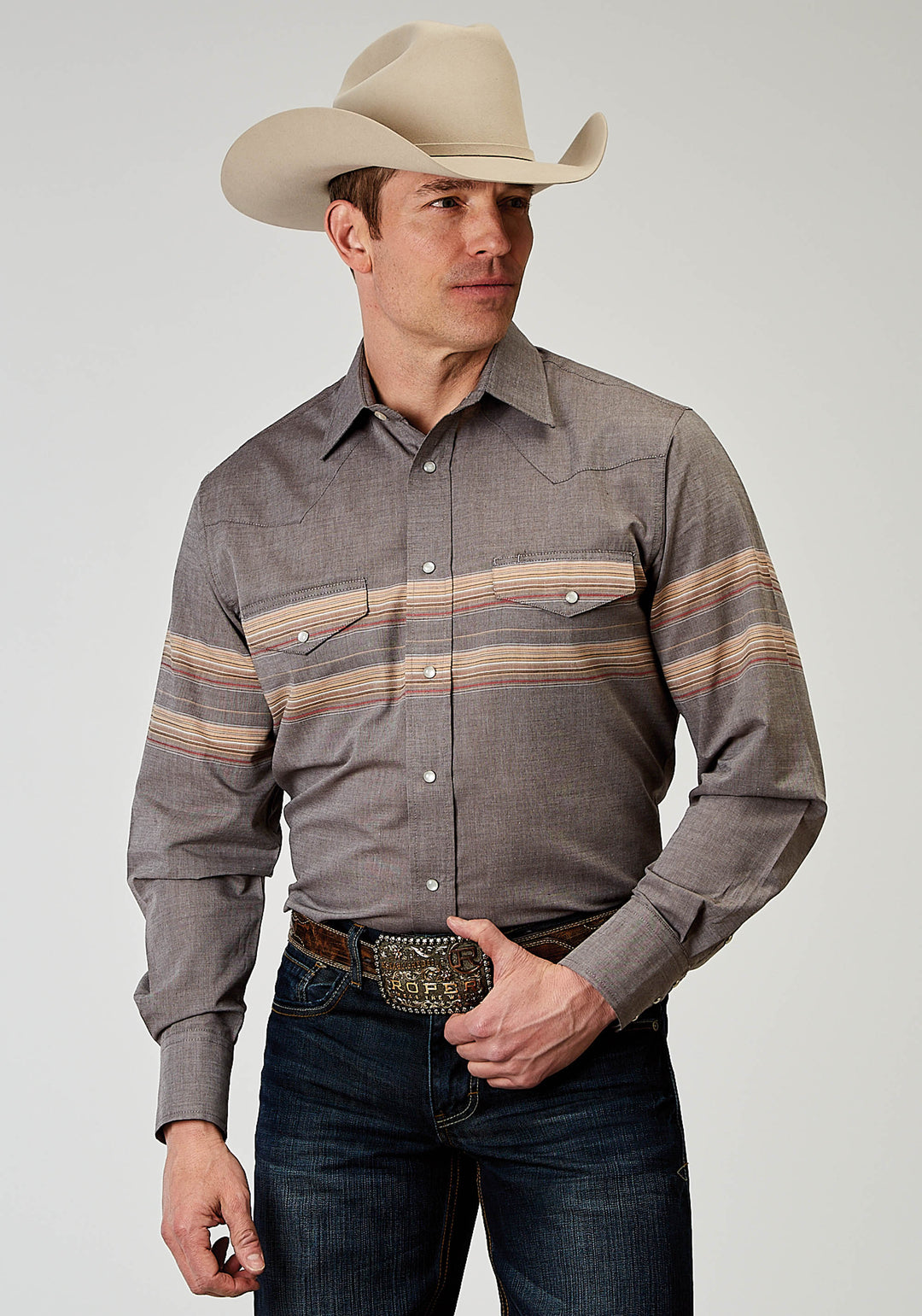 MENS LONG SLEEVE SNAP BORDER STRIPE WESTERN SHIRT
