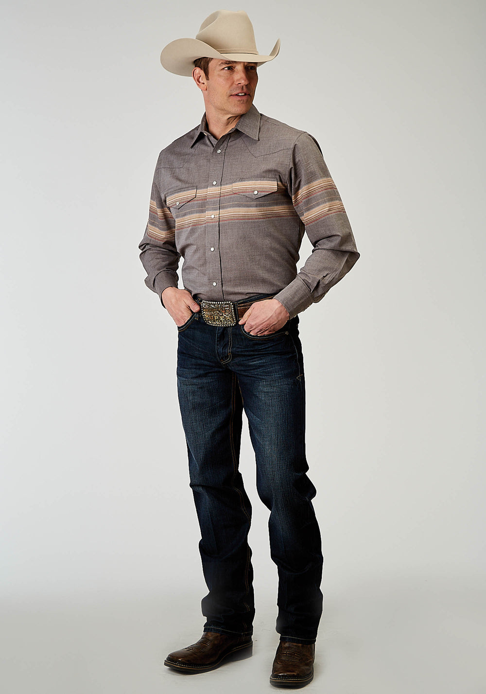 MENS LONG SLEEVE SNAP BORDER STRIPE WESTERN SHIRT