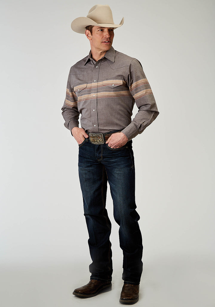 MENS LONG SLEEVE SNAP BORDER STRIPE WESTERN SHIRT