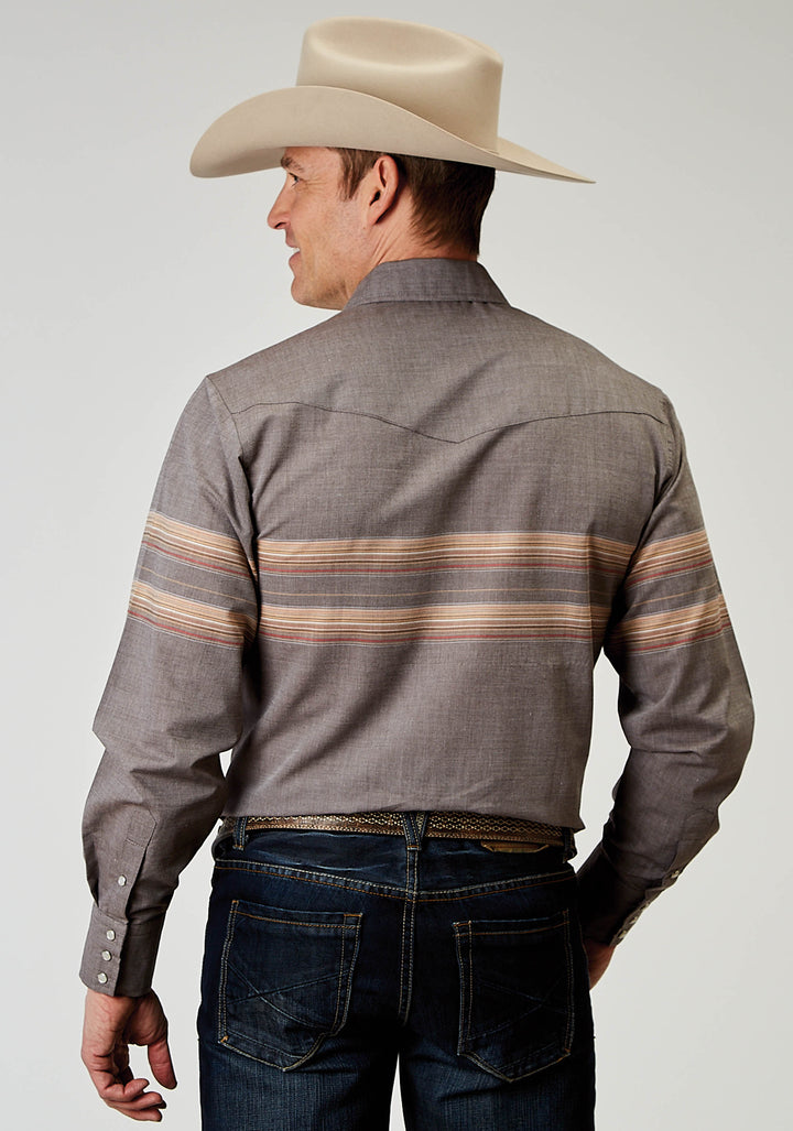 MENS LONG SLEEVE SNAP BORDER STRIPE WESTERN SHIRT