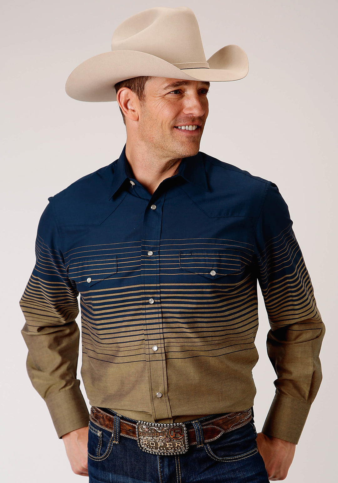 MENS LONG SLEEVE SNAP NAVY AND KHAKI BORDER STRIPE WESTERN SHIRT