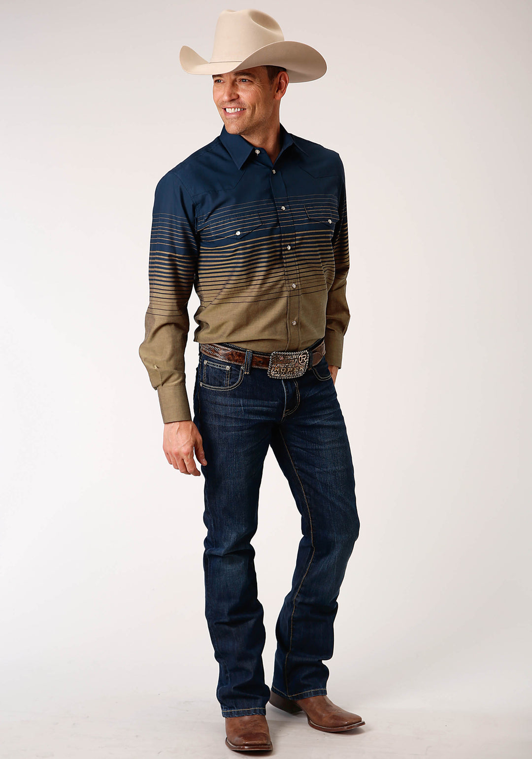 MENS LONG SLEEVE SNAP NAVY AND KHAKI BORDER STRIPE WESTERN SHIRT