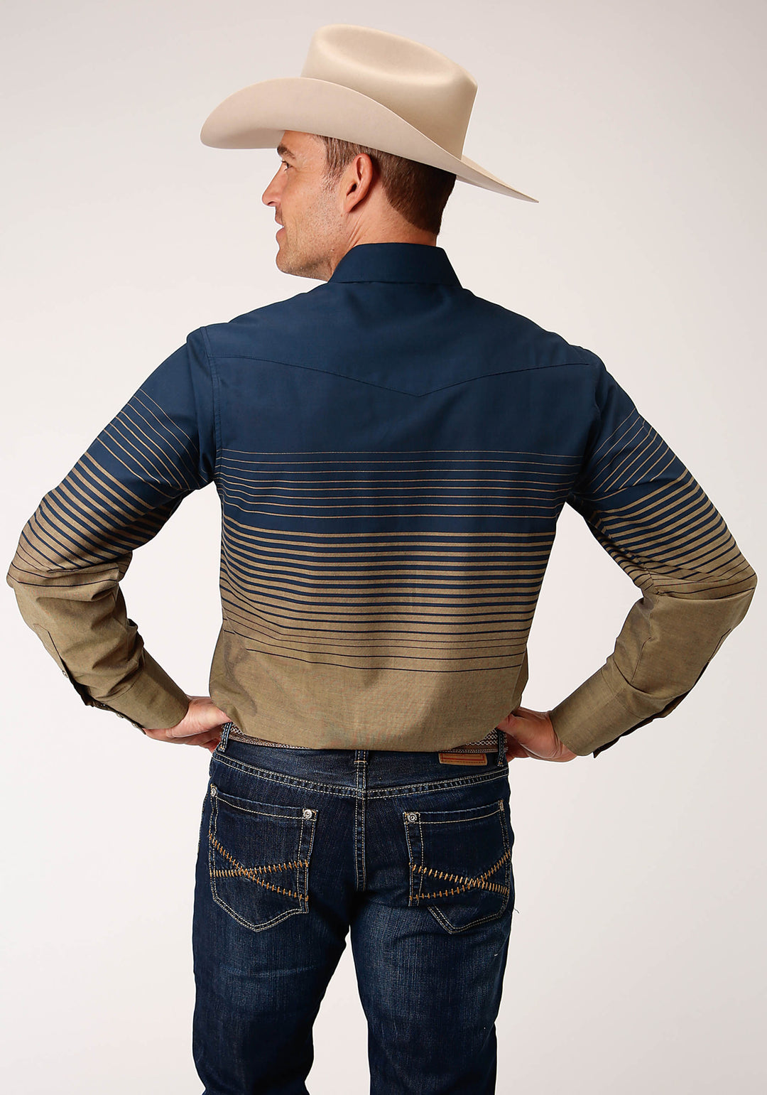 MENS LONG SLEEVE SNAP NAVY AND KHAKI BORDER STRIPE WESTERN SHIRT