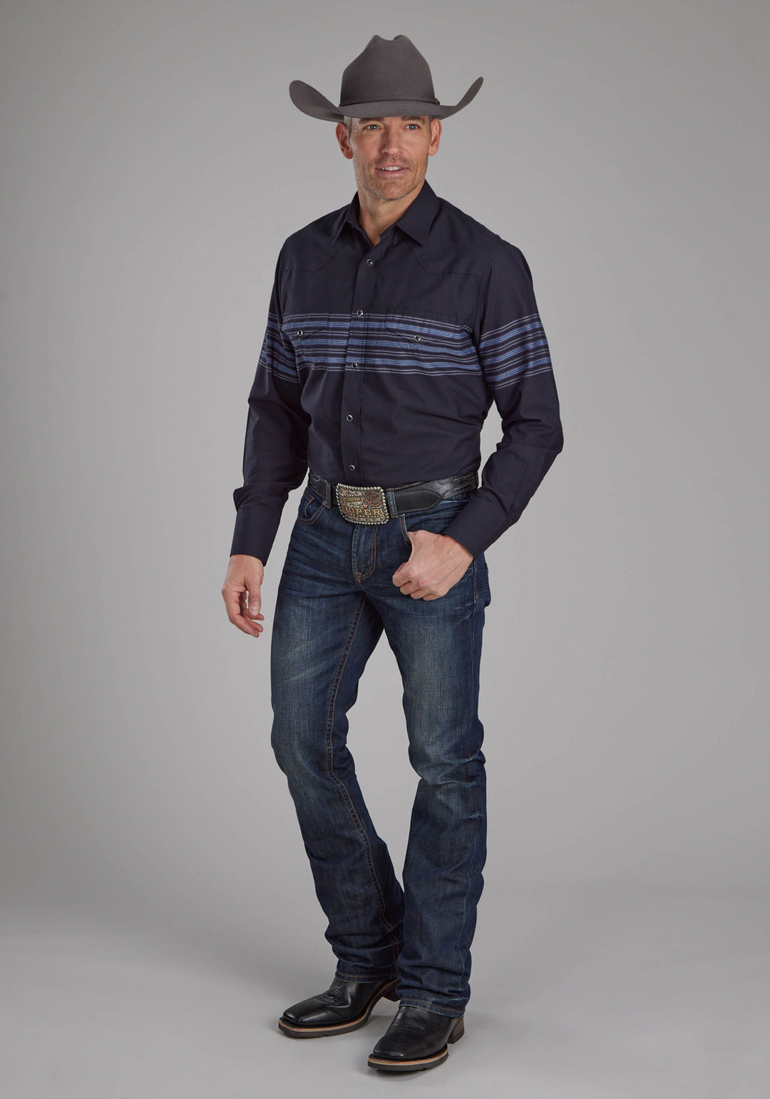 MENS BLACK AND BLUE BORDER STRIPE LONG SLEEVE SNAP WESTERN SHIRT