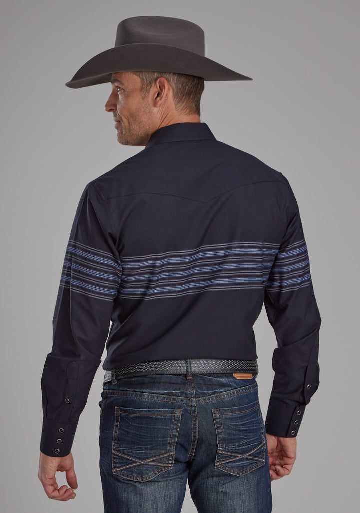 MENS BLACK AND BLUE BORDER STRIPE LONG SLEEVE SNAP WESTERN SHIRT