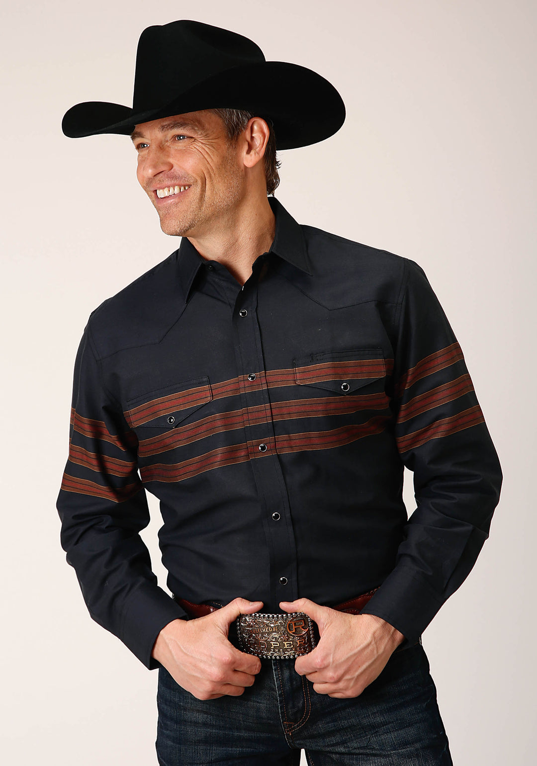 MENS LONG SLEEVE SNAP BLACK W SADDLE BROWN BORDER STRIPE WESTERN SHIRT