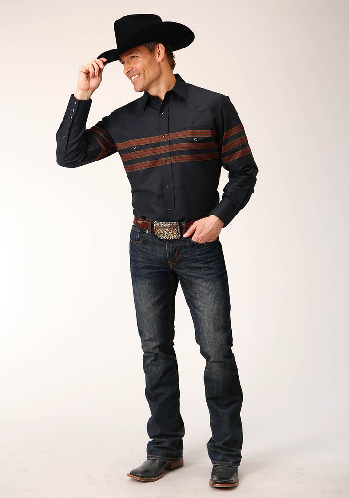 MENS LONG SLEEVE SNAP BLACK W SADDLE BROWN BORDER STRIPE WESTERN SHIRT