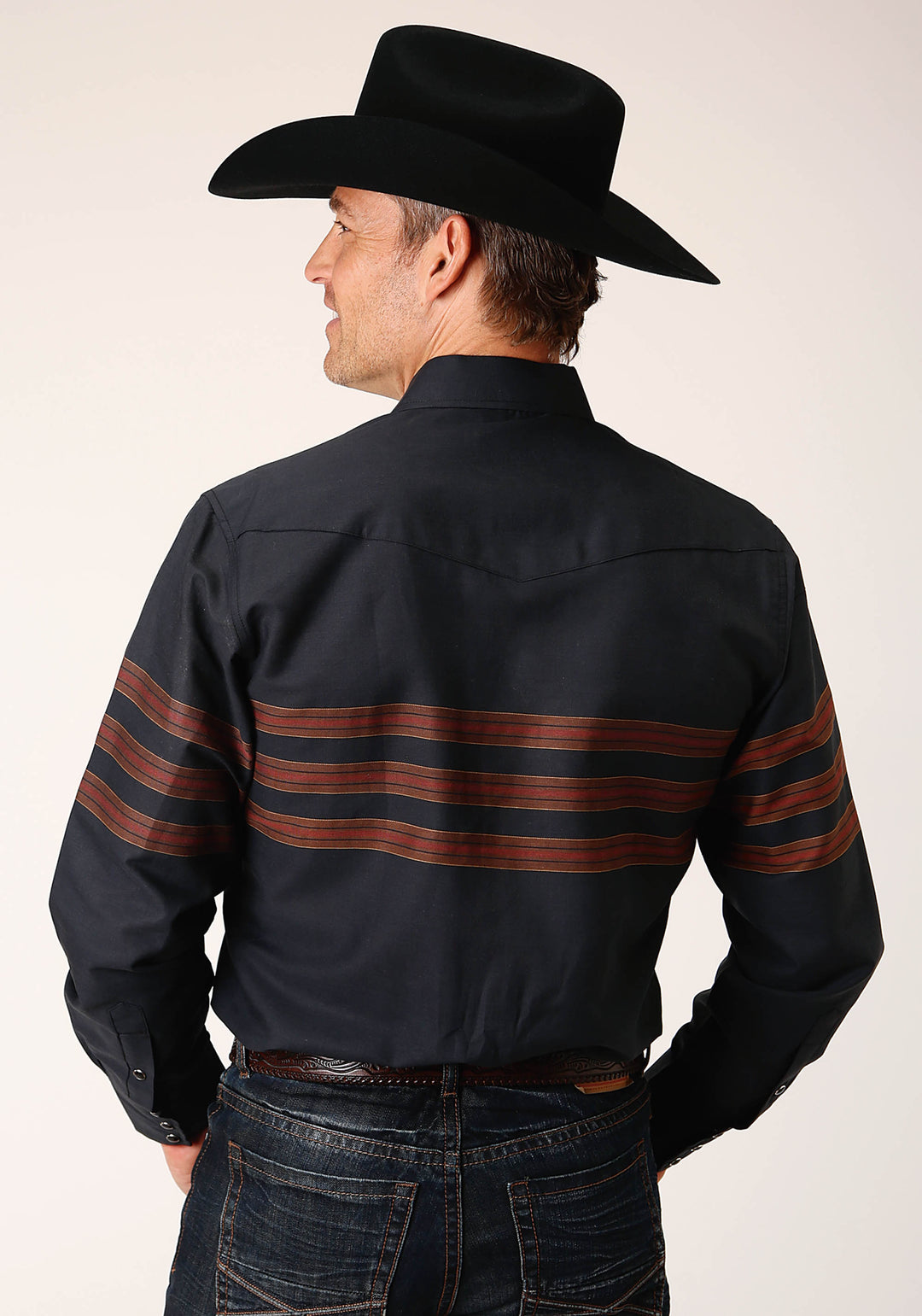 MENS LONG SLEEVE SNAP BLACK W SADDLE BROWN BORDER STRIPE WESTERN SHIRT