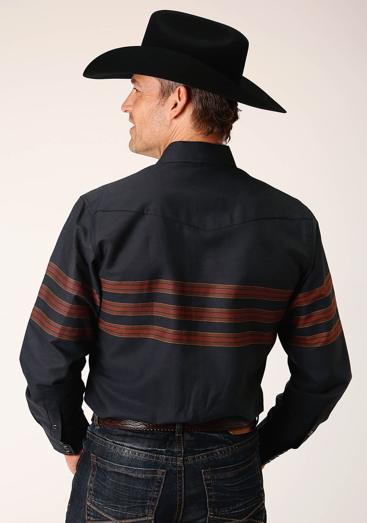 MENS LONG SLEEVE SNAP BLACK W SADDLE BROWN BORDER STRIPE WESTERN SHIRT