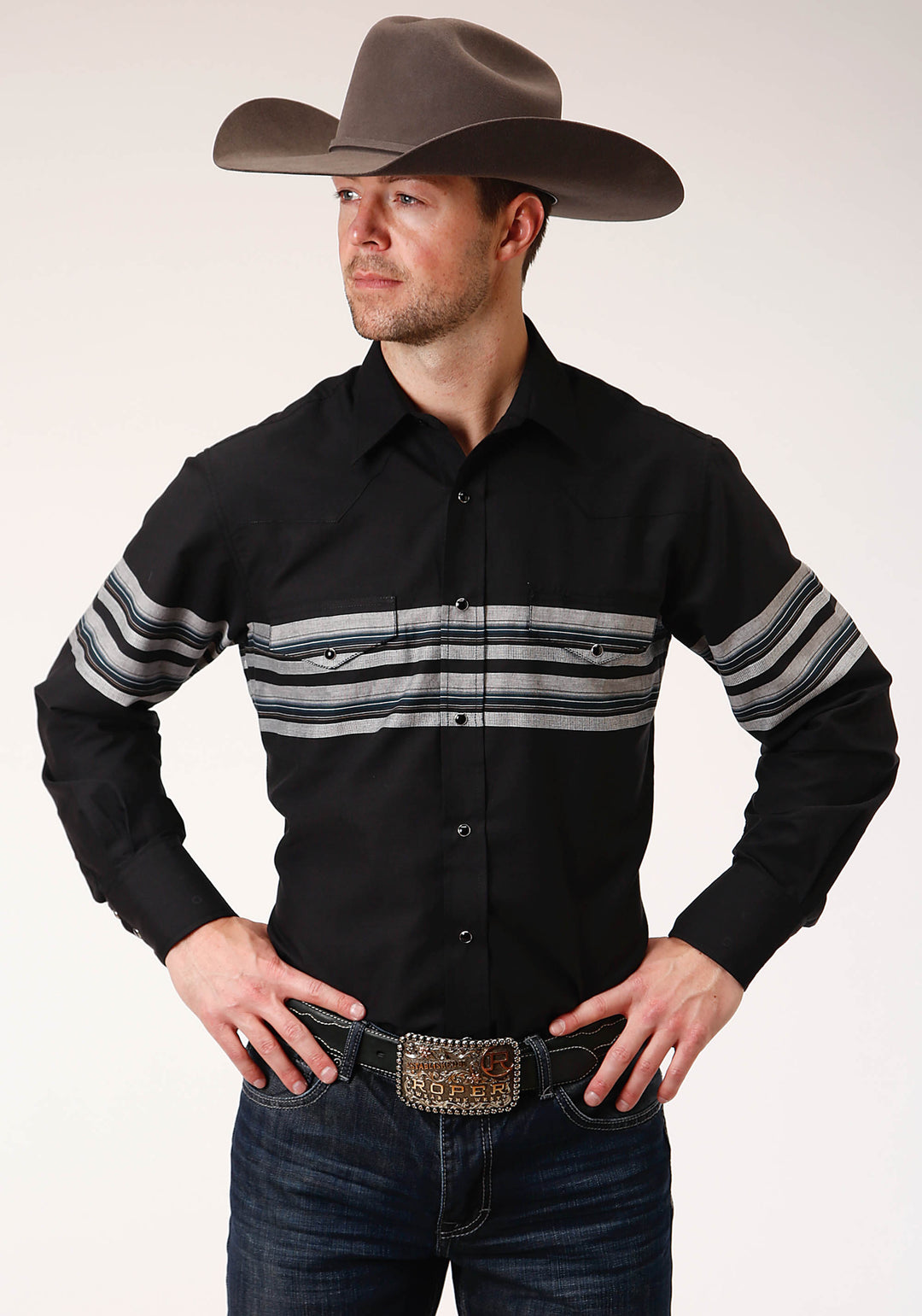 MENS LONG SLEEVE SNAP BLACK AND GREY BORDER STRIPE WESTERN SHIRT