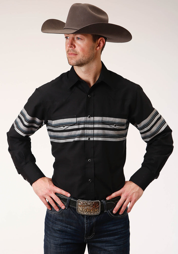 MENS LONG SLEEVE SNAP BLACK AND GREY BORDER STRIPE WESTERN SHIRT