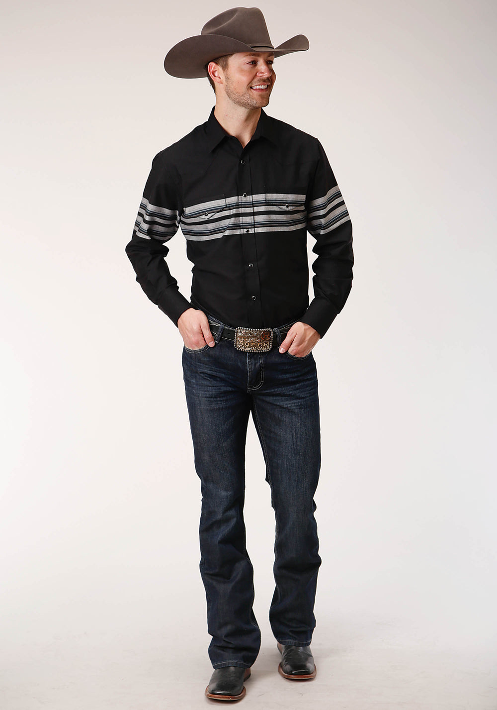 MENS LONG SLEEVE SNAP BLACK AND GREY BORDER STRIPE WESTERN SHIRT