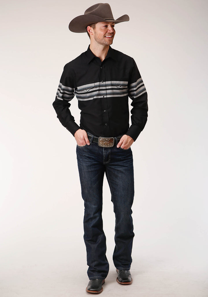 MENS LONG SLEEVE SNAP BLACK AND GREY BORDER STRIPE WESTERN SHIRT