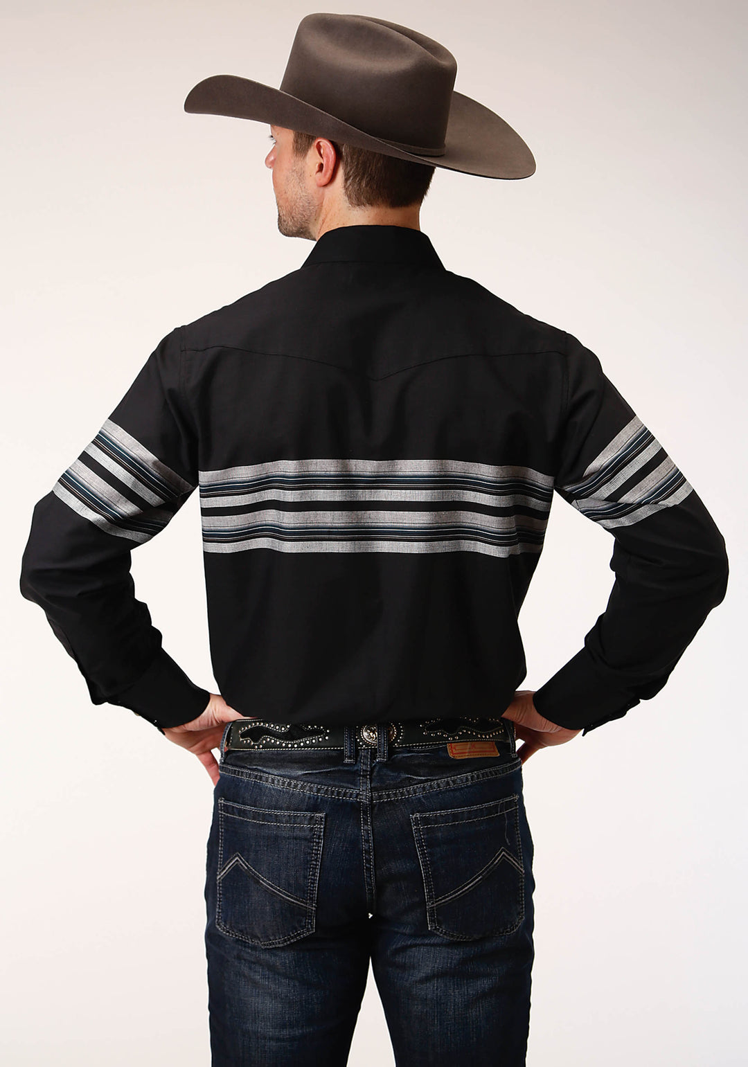 MENS LONG SLEEVE SNAP BLACK AND GREY BORDER STRIPE WESTERN SHIRT
