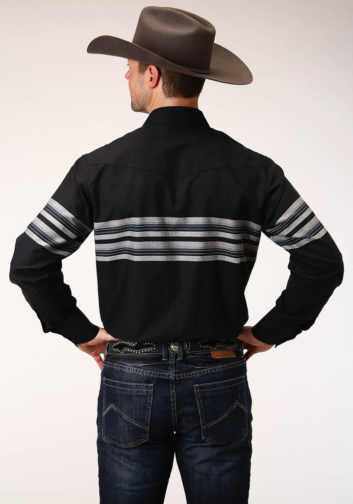 MENS LONG SLEEVE SNAP BLACK AND GREY BORDER STRIPE WESTERN SHIRT