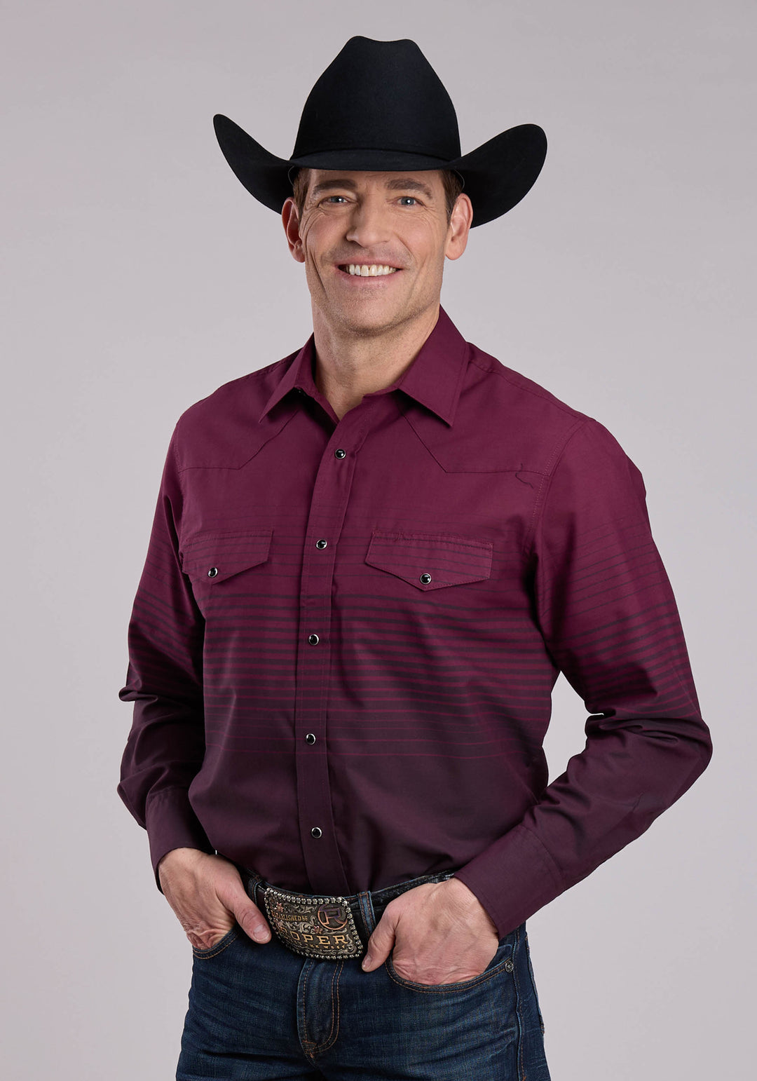 MENS ROPER WINE  BLACK BORDER STRIPE LONG SLEEVE SNAP SHIRT