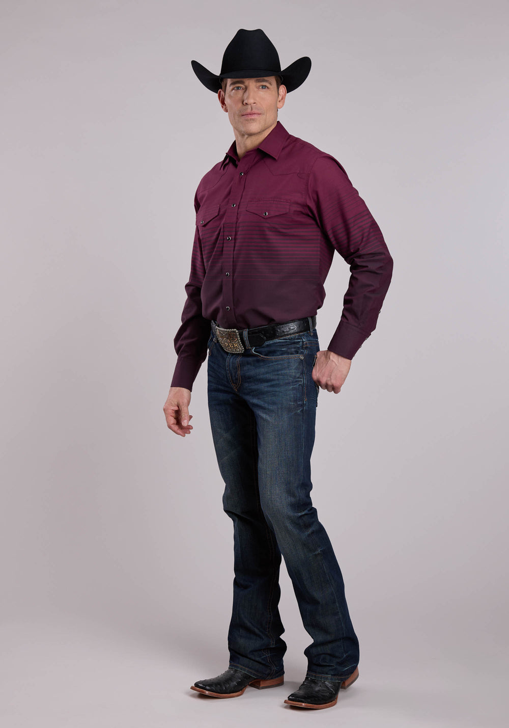 MENS ROPER WINE  BLACK BORDER STRIPE LONG SLEEVE SNAP SHIRT