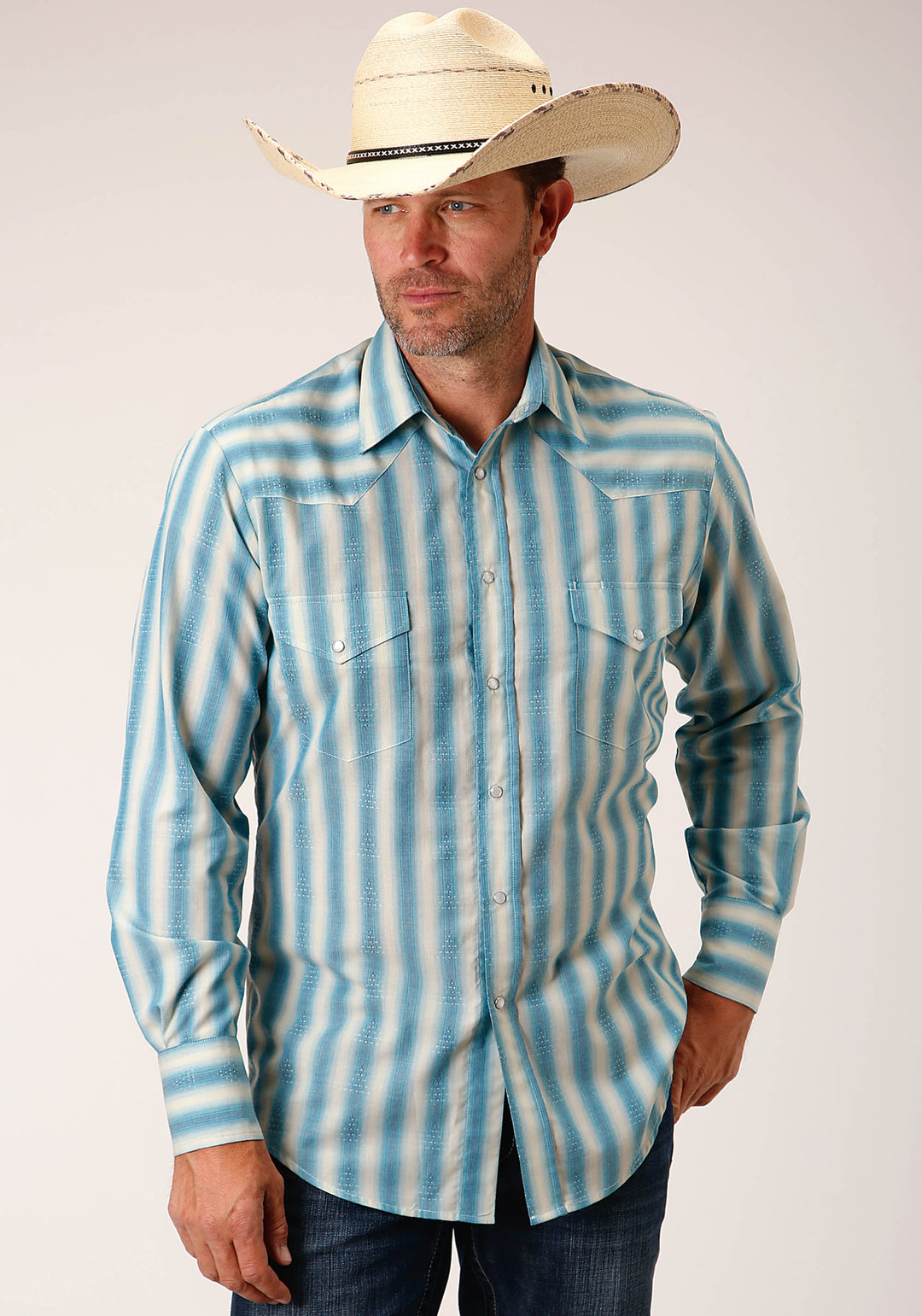 MENS LONG SLEEVE SNAP AQUA  AND CREAM OMBRE STRIPE WESTERN SHIRT