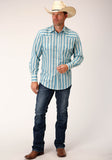 MENS LONG SLEEVE SNAP AQUA  AND CREAM OMBRE STRIPE WESTERN SHIRT