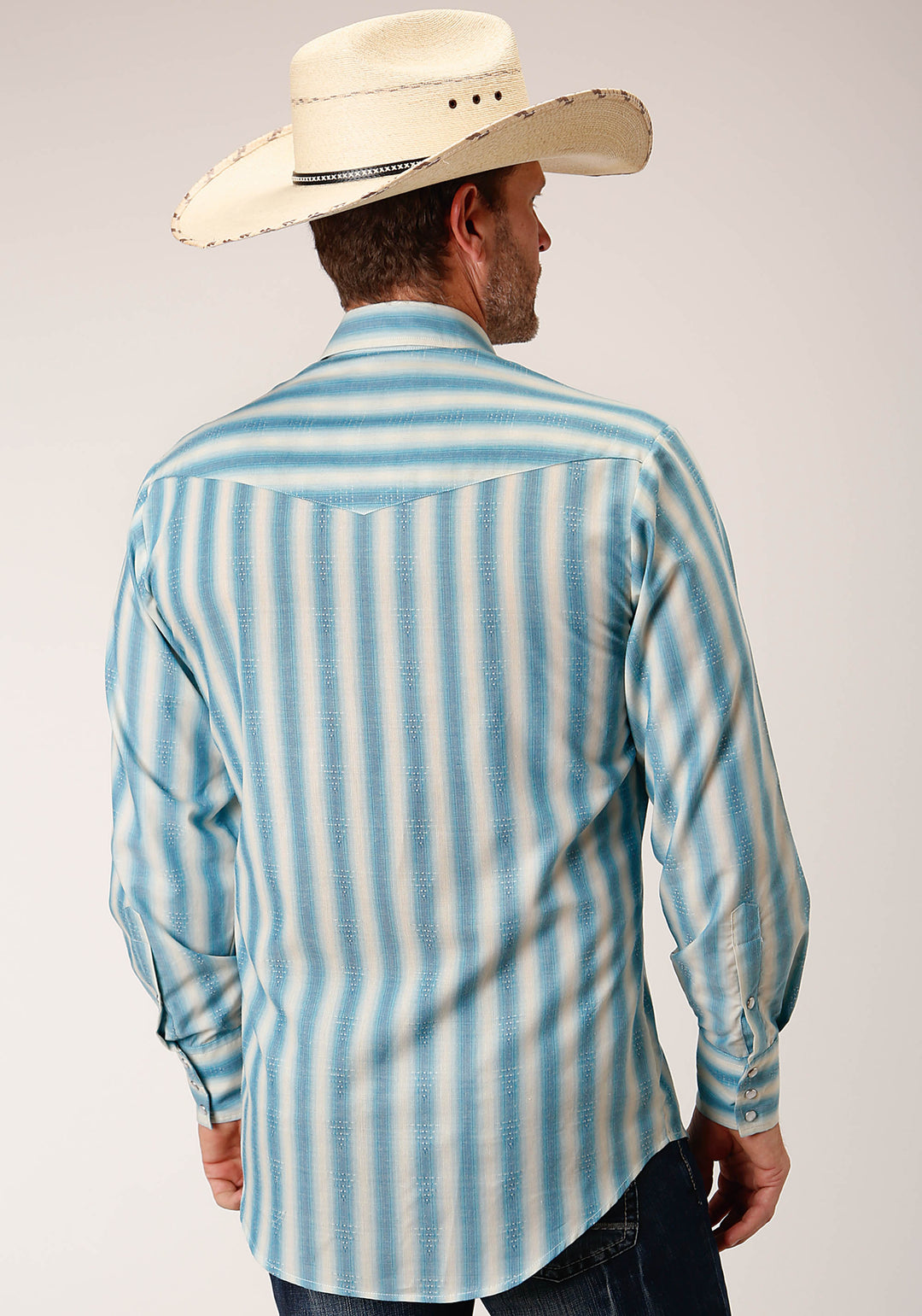 MENS LONG SLEEVE SNAP AQUA  AND CREAM OMBRE STRIPE WESTERN SHIRT
