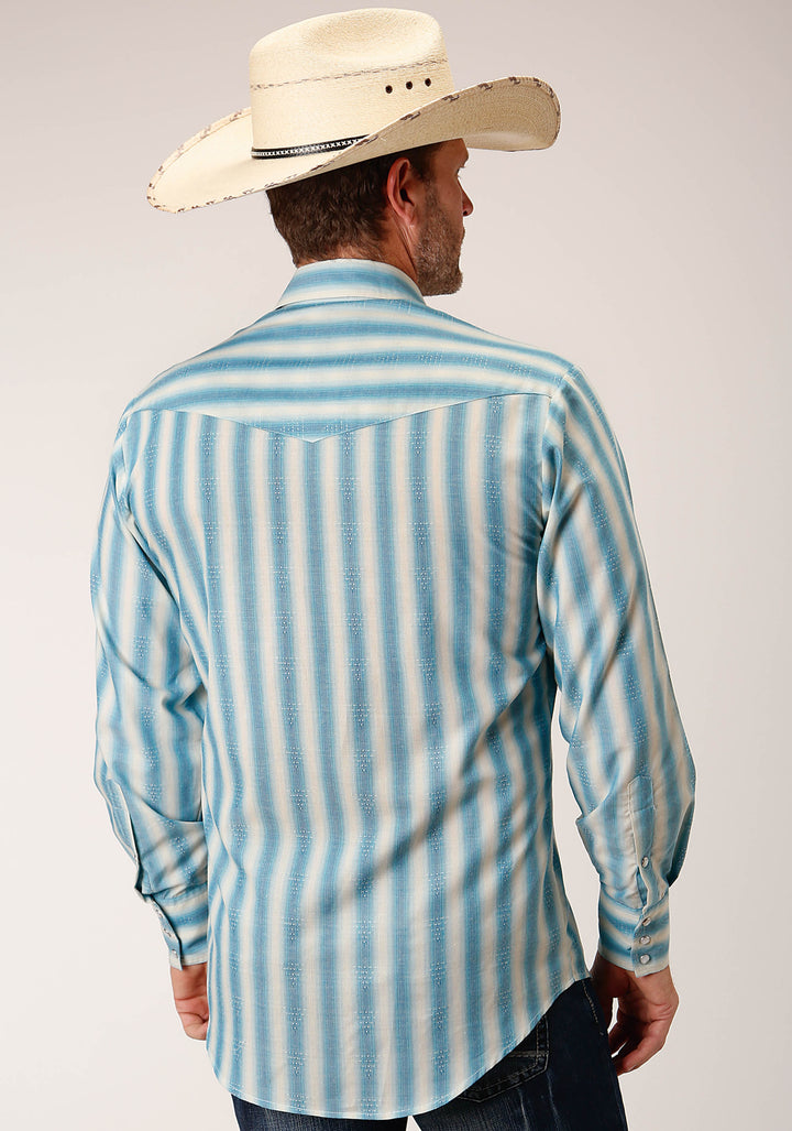 MENS LONG SLEEVE SNAP AQUA  AND CREAM OMBRE STRIPE WESTERN SHIRT
