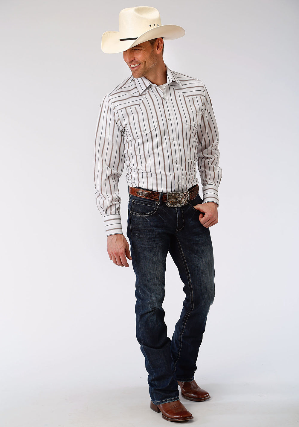 MENS BROWN AND GREY WIDE STRIPE LONG SLEEVE SNAP WESTERN SHIRT