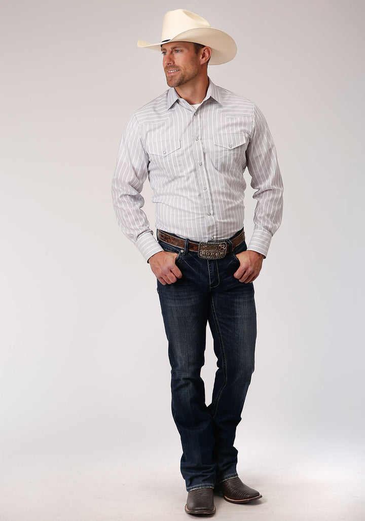 MENS GREY RED AND WHITE STRIPE LONG SLEEVE SNAP WESTERN SHIRT