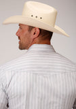 MENS GREY RED AND WHITE STRIPE LONG SLEEVE SNAP WESTERN SHIRT