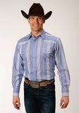 MENS LONG SLEEVE SNAP BLUE AND WHITE WIDE STRIPE WESTERN SHIRT