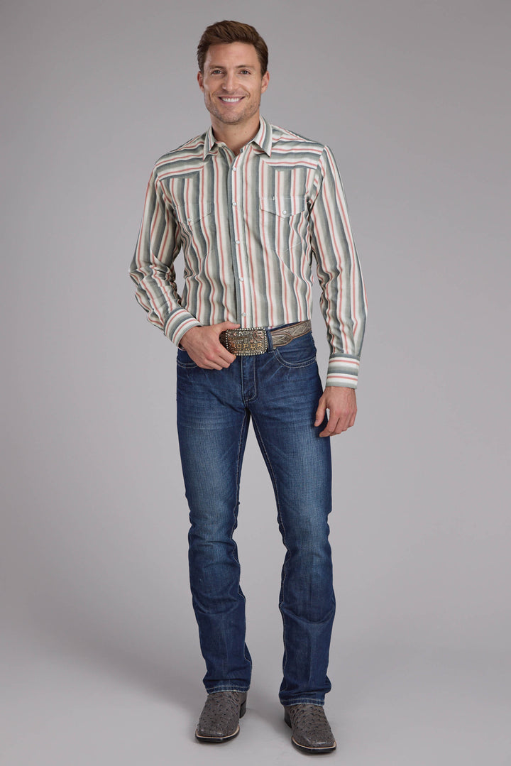 MENS NAVY WHITE AND RED OMBRE STRIPE LONG SLEEVE SNAP WESTERN SHIRT