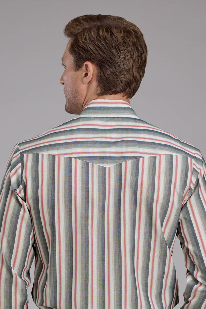 MENS NAVY WHITE AND RED OMBRE STRIPE LONG SLEEVE SNAP WESTERN SHIRT