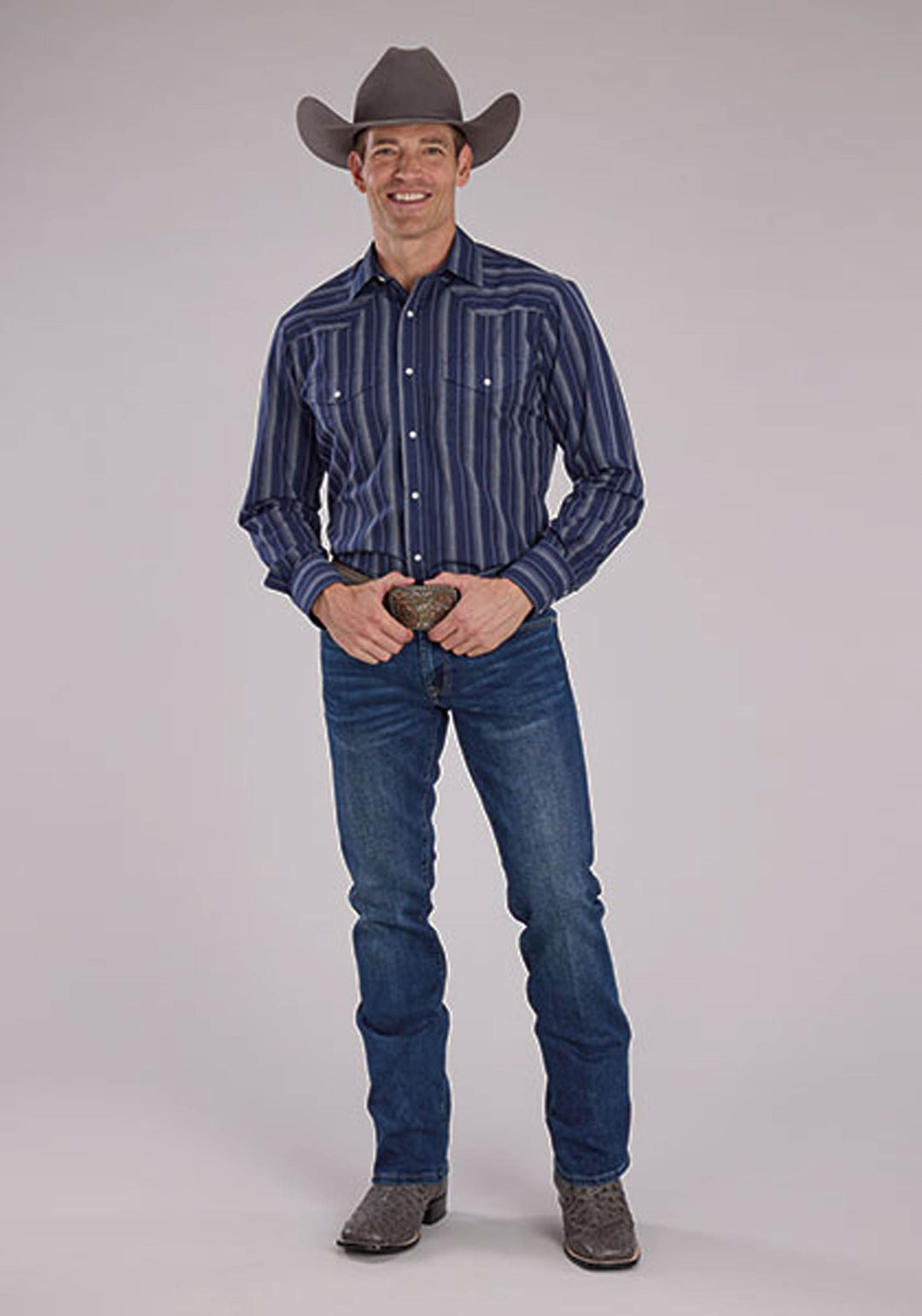 MENS LONG SLEEVE SNAP NAVY BROWN STRIPE WESTERN SHIRT