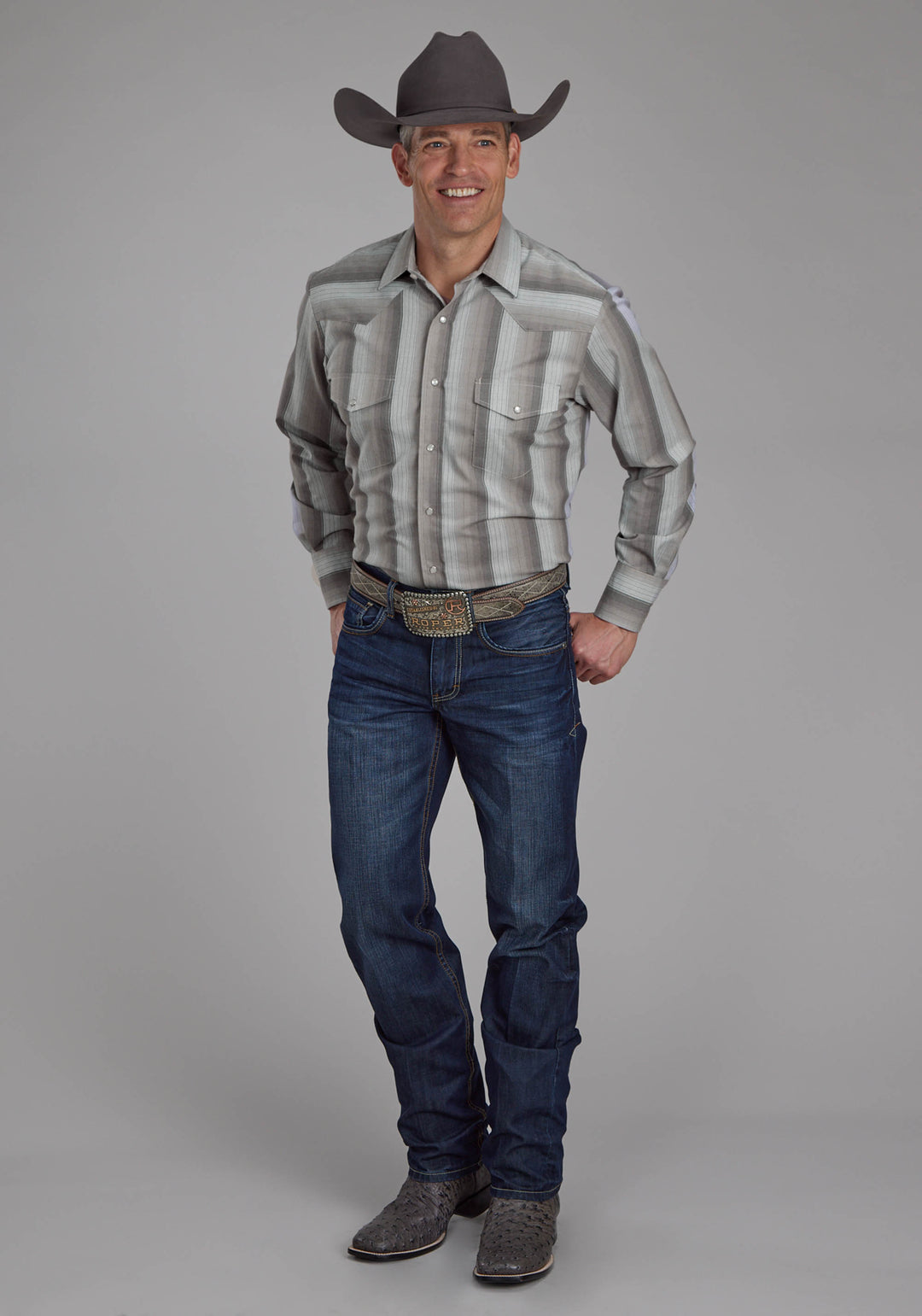 MENS MULTI GRAY STRIPE LONG SLEEVE SNAP WESTERN SHIRT