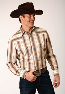MENS LONG SLEEVE SNAP BROWN AND CREAM OMBRE STRIPE WESTERN SHIRT