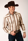 MENS LONG SLEEVE SNAP BROWN AND CREAM OMBRE STRIPE WESTERN SHIRT