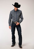 MENS LONG SLEEVE SNAP WIDE BLUE DOBBY STRIPE WESTERN SHIRT