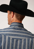 MENS LONG SLEEVE SNAP WIDE BLUE DOBBY STRIPE WESTERN SHIRT