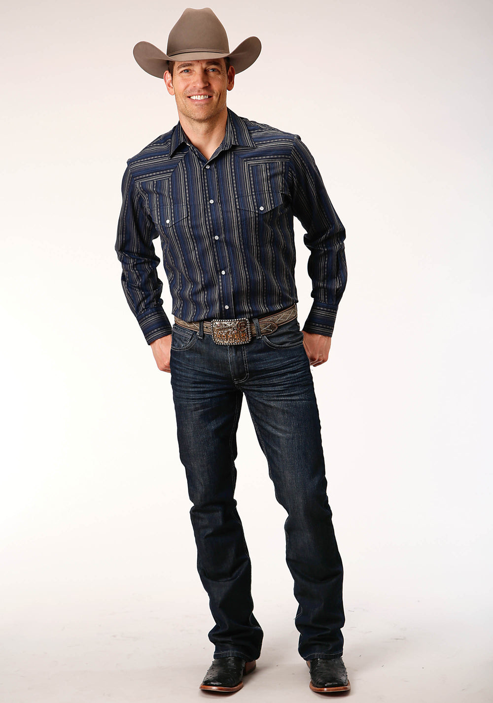 MENS LONG SLEEVE SNAP BLACK  BLUE  CREAM STRIPE WESTERN SHIRT