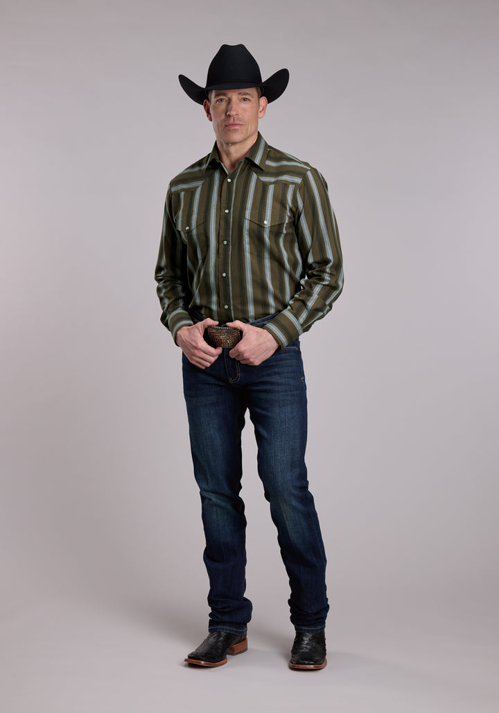 MENS ROPER OLIVE BLACK AND GREY STRIPE WESTERN SNAP SHIRT