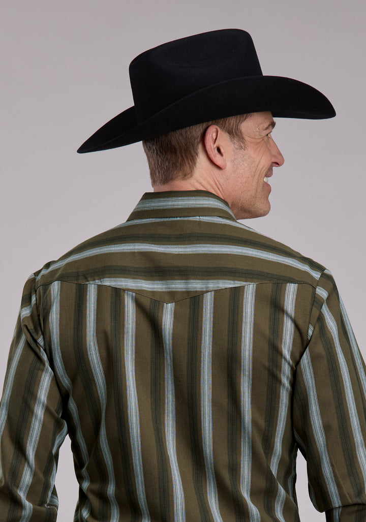 MENS ROPER OLIVE BLACK AND GREY STRIPE WESTERN SNAP SHIRT