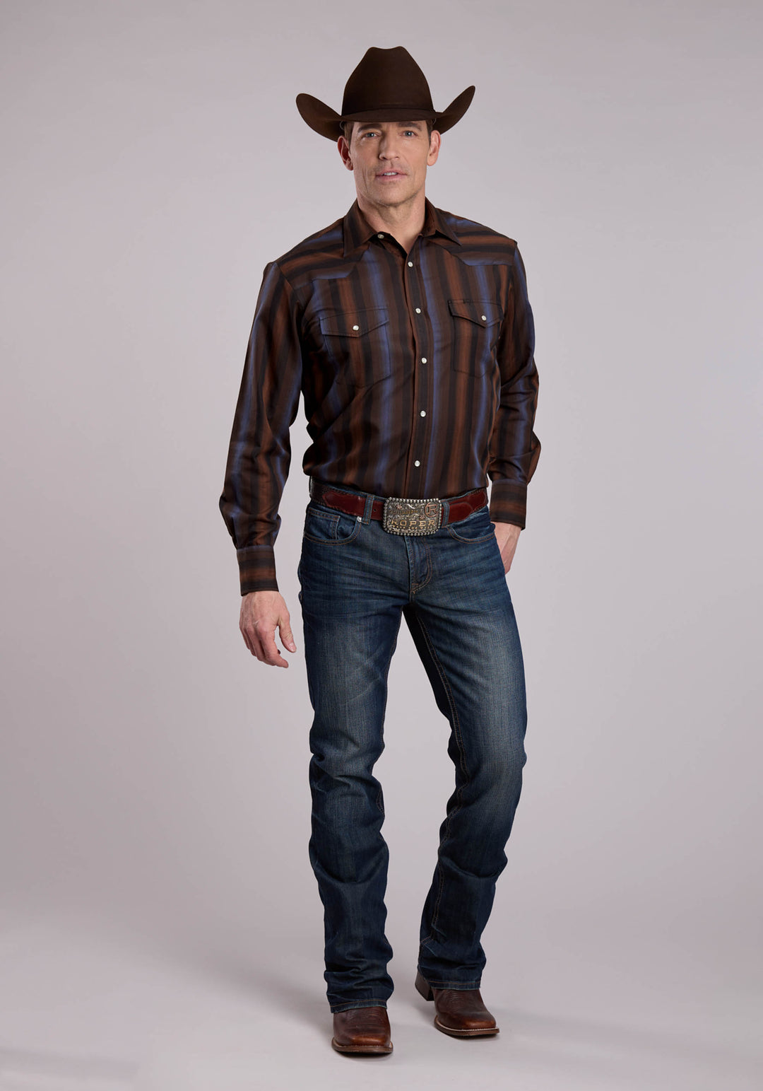 MENS LONG SLEEVE SNAP BROWN  BLUE WIDE STRIPE WESTERN SHIRT