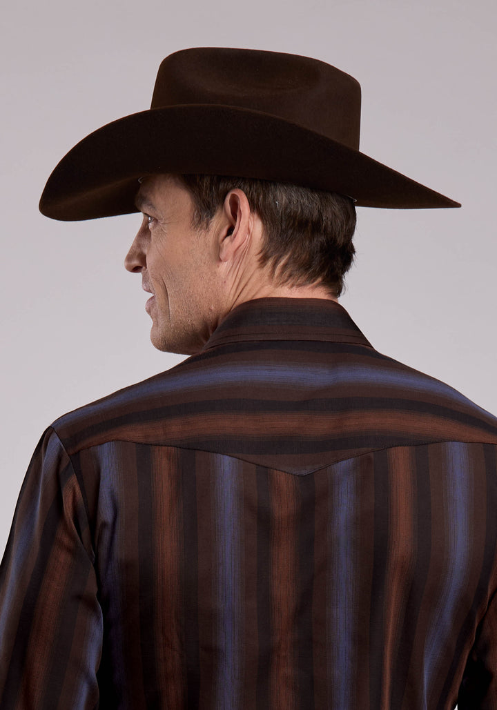 MENS LONG SLEEVE SNAP BROWN  BLUE WIDE STRIPE WESTERN SHIRT