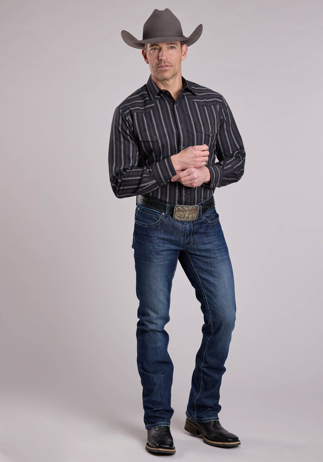 MENS LONG SLEEVE SNAP BLACK GREY STRIPE WESTERN SHIRT