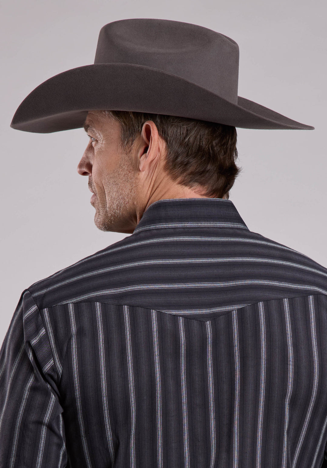 MENS LONG SLEEVE SNAP BLACK GREY STRIPE WESTERN SHIRT