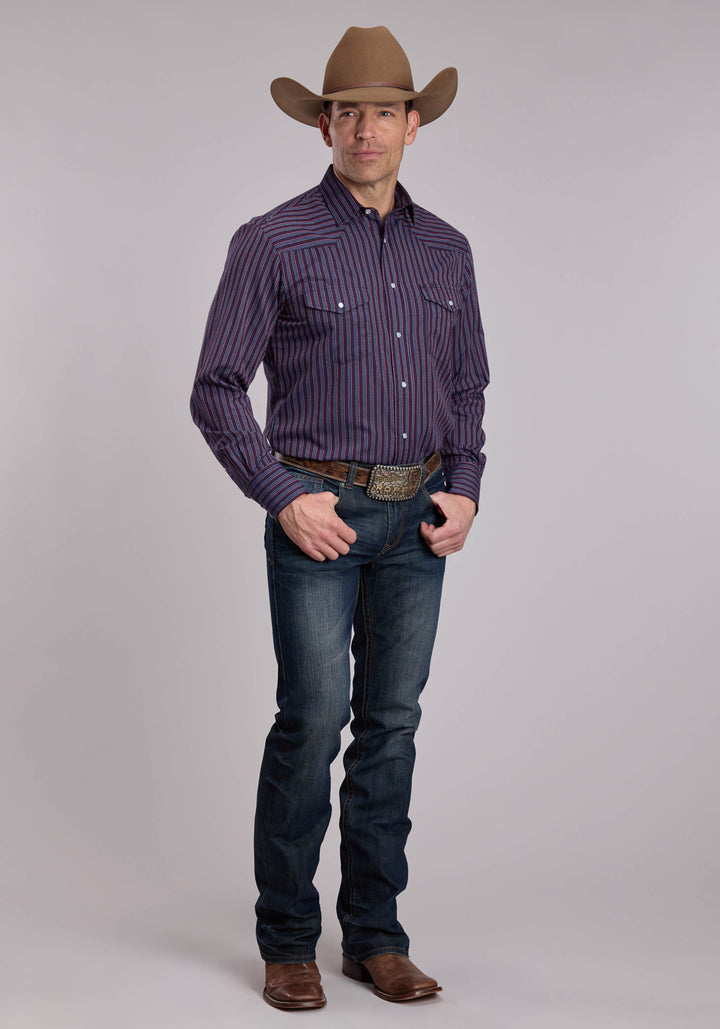 MENS ROPER WINE AND NAVY STRIPE WESTERN SNAP SHIRT